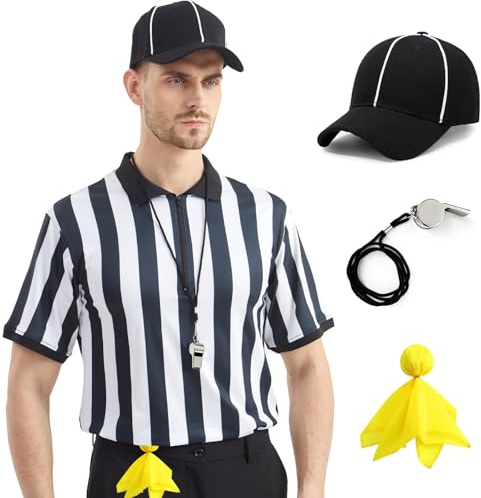 Referee Shirt for Men & Women, 4-Piece Ref Uniform Set with Zipper Collar, Whistle, Hat & Penally Flag for Football & Soccer (XX-Large)