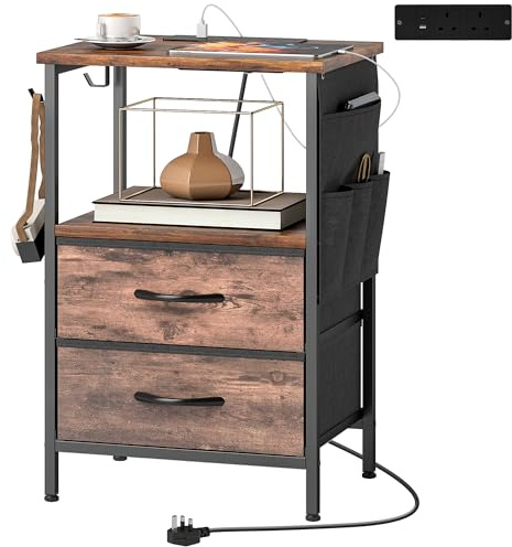 HOMCOM Bedside Table with Charging Station, Slim Side Table with USB-C Ports, 2 Fabric Drawers, Hooks and Storage Pouch for Bedroom, Living Room, Rustic Brown