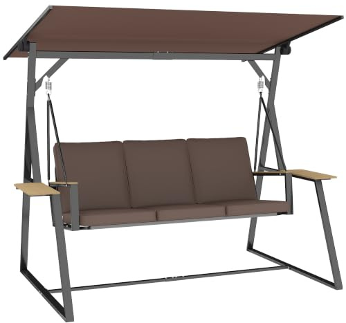 Outsunny Columpio de Jardín 3 Plazas UPF50+ 222x131x175 cm Marrón | Techo Ajustable, 2 Bandejas, Cojines, Marco de Metal, para Balcón Terraza Patio, Carga 360 kg