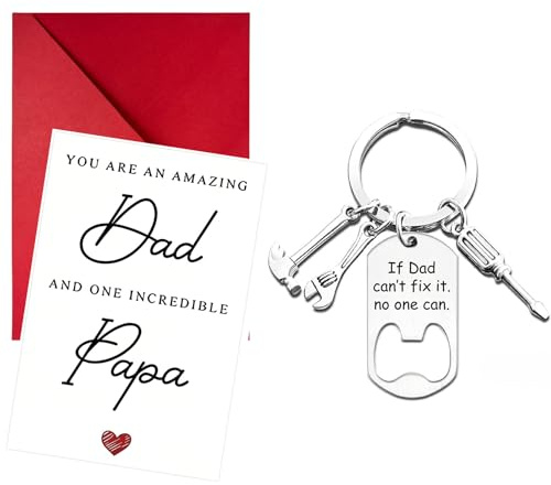 ARYIMYDP Cadeau Fête des Pères avec Carte et Porte-clés, Carte avec Enveloppe, Décapsuleur Porte-clés en Acier Inoxydable, Idée Originale pour Papa Anniversaire Noël