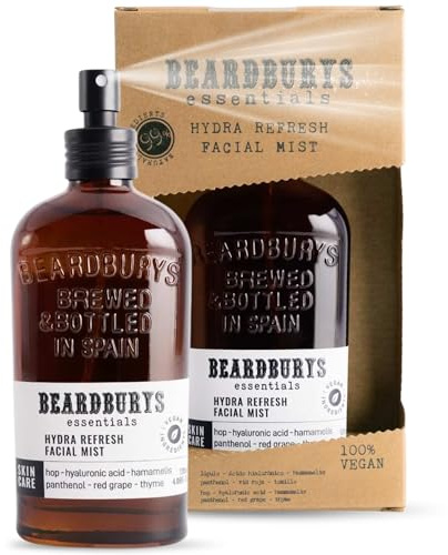 Beardburys Essentials Bruma Facial Hombre Hydra Refresh – Facial Mist Hidratante y Refrescante | Spray Facial Revitalizante | Hidratación Ligera y Efecto Fresh | 50 ml | Spray Hidratante Facial con Ácido Hialurónico para Todo Tipo de Pieles, Hidrata en Profundidad y Revitaliza la Piel, Vegano