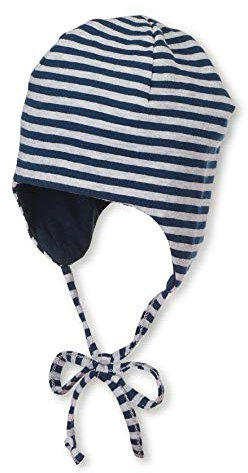 Sterntaler OCS Wendemütze Baby mit Bindeband & Ohrenklappen, Bio-Baumwolle, gefüttert, Unisex, Größe 47, marine, Melange-Ringel, Wendemütze aus GOTS-zertifiziertem Jersey