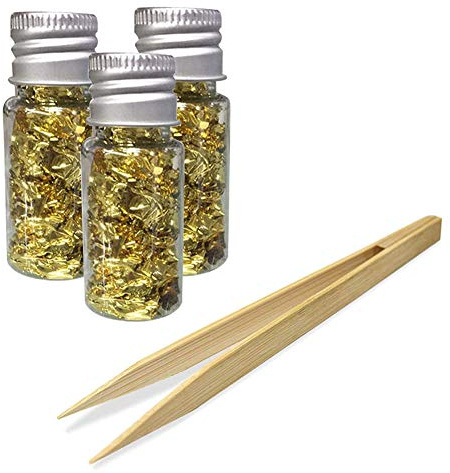 Surakey 3 Flaschen Essbare Blattgold Flocken, 24 Karat Gold Flocken Essbare zum Basteln Lebensmittel Dekorfolie Papier Küche Mousse Kuchen Backen Gebäck Kunsthandwerk Decor (Hergeben Pinzette)