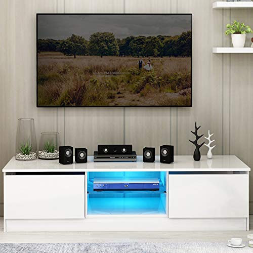 Meuble TV moderne, meuble TV LED, 120 cm, table avec lumières LED RVB 16 couleurs, rangement, façade blanche brillante et plaque blanche mate pour meubles de maison