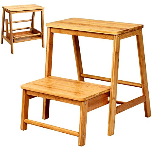 GIANTEX 2 in 1 Scaletta e Sgabello Pieghevole, Scala Multifunzione a 2 Gradini, Salvaspazio per Casa, Studio, Ufficio Portata di 100 kg, Naturale, 45x51x48 cm