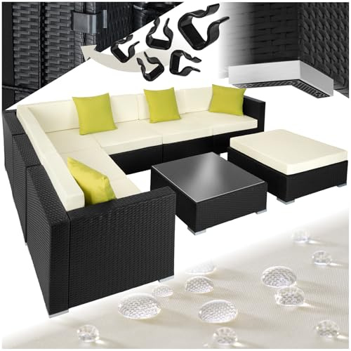 tectake® Poly Rattan Lounge, Garten Loungemöbel Set für 6 Personen mit Alu Gestell, Sitzgruppe mit L-Form Sofa & Esstisch Outdoor, Gartenmöbel wetterfest, Terrassenmöbel mit Hocker + Kissen - schwarz