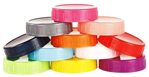12 coperchi per barattoli di vetro in plastica colorata per uso alimentare, con anello di tenuta in silicone per barattoli di inscatolamento adatti per barattoli da 70 mm di diametro esterno