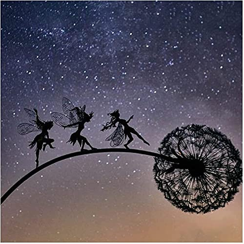 Garten-Silhouette, Fee und Löwenzahn, tanzt zusammen, Skulptur, Gartenfee, Dekoration mit dem Pusteblumen-Motiv, Metallkunst, Elfen-Silhouette, Ornament (B)