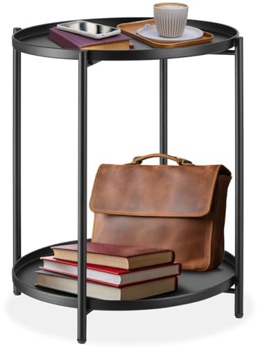 tectake® Tavolino Salotto 45,5 x 45,5 x 53 cm, Tavolino da salotto Tondo Basso, Mobile Soggiorno, Ripiano a Vassoio, Mobiletto Salvaspazio Divano, Camera, Ufficio, Soggiorno, Design Rustico - Nero