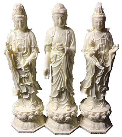 Amitabha Buddha-Statue, weißer Buddha-Statue, Set mit 3 Kuanyin-Amitabha-Ksitigarbha-Buddha-Statue, Heimbüro, Dekoration, Skulpturen (elfenbeinfarbenes Obst)