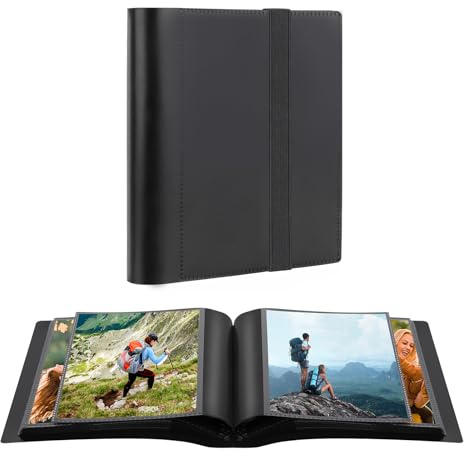 Aevdor 5x7 Photo Album Holds 64 Photos Black Inner Pages with Strong Elastic Band, Small Photo Album 5x7, Mini Picture Book for 5 x 7 Artwork, Pictures, Kids Art Storage, Postcards, Drawings (Black)