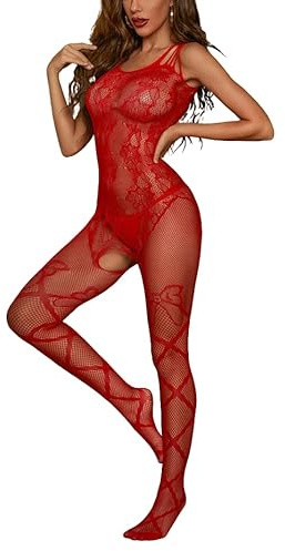 Sniff Rose Women's Fishnet Lingerie Bodystocking Cut Out Bodysuit Tights Teddy Underwear Babydoll Halter Neck Nightwear Horsiery Chemise (Red)