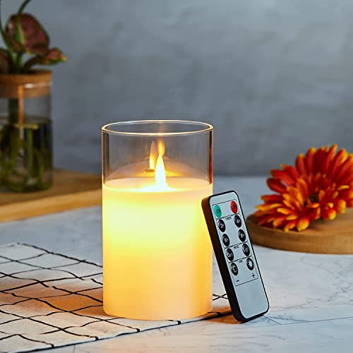 LED Kerzen, Flammenlose Kerzen Flackern, LED Kerzen Flackernde Flamme mit Glas, LED Kerzen mit Fernbedienung, Echtwachssäule Kerzen, Batteriebetriebene LED Kerzen mit 24 Stunden Timer 15cm-Weiß