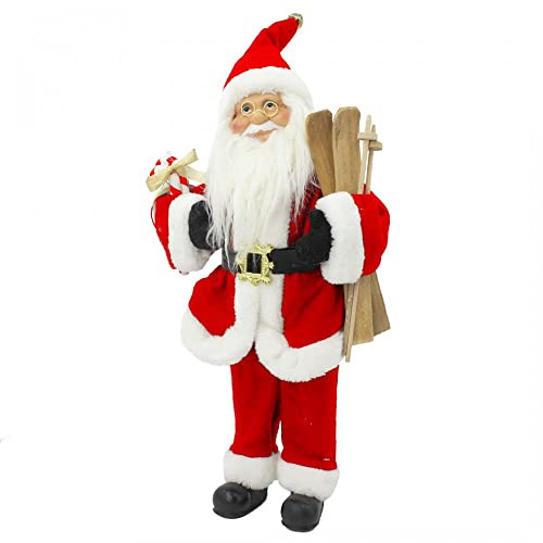 Generico Statuetta Pupazzo di Babbo Natale SCIATORE con Carillon, Decorazione Natalizia con Movimento Rosso Bianco Lana Pelliccia 45cm Personaggio Peluche Statuina Decorativa