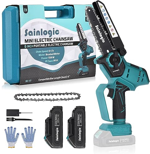 Sainlogic 6 Zoll Mini Kettensäge mit Akku, Kabellose Motorkettensägen Sicherheitsschloss, Einhand Kettensäge mit 2 * 2000mAh Akku und Ladegerät, Handkettensäge zum Schneiden von Bäumen, Blau Schwarz