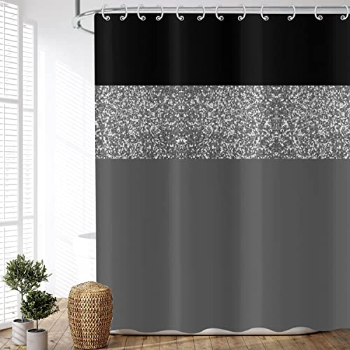 ASDCXZ Duschvorhang Glitzer 180x200 cm, Modern Schwarz Grau Glitzer Silbrig Spleißen Wasserdicht Textil Bad Duschvorhänge Waschbar Polyester Stoff Duschvorhang für Badewanne mit 12 Duschvorhang Hake