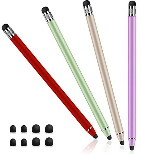 4 Pièces Stylet Tablette Universel pour Écran Tactile, Stylet Tactile Capacitif 2 en 1 pour Smartphones, Tablettes, Samsung Galaxy,iPad avec 8 Embouts de Rechange(Rouge+Violet+Vert+Or)