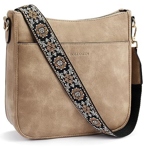 BOSTANTEN Handtasche Damen Mittelgroß Umhängetasche Leder für Frauen | Crossbody Bag mit Verstellbarem Breitem Farbigem Gurt, Tasche mit Vielen Fächern, Schultertasche für Alltag Unterwegs