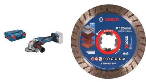 Bosch Professional BITURBO Winkelschleifer GWS 18V-15 C (125 mm, ohne Akku) + 1x EXPERT MultiMaterial X-LOCK Diamanttrennscheibe (für Beton, Ziegelsteine, Dachziegeln, Ø125x22,23 mm, Zubehör)