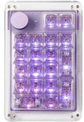 KiiBoom Phantom 21 Hot Swappable Crystal Acrylic Numpad, BT5.0/2.4GHz/USB-C Triple Mode NKRO Programmierbare numerische Tastatur mit Drehknopf, nach Süden gerichtet RGB, 1900mAh Batterie (Lila)