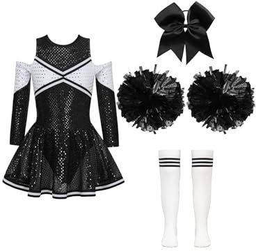 Aislor Mädchen Cheer Leader Kostüm Halloween Langarm Cheerleading Uniform Outfits Pailletten Kleid mit Pompoms/harrband Strümpfe Cheerleading Tanzkleid D Schwarzweiss 122-128