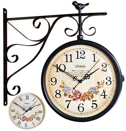 Antik Retro Bahnhofsuhr Retro doppelseitige Wanduhr, Schmiedeeisen zwei Gesichter antike Wanduhr, Metall im Freien Eckuhr for die Dekoration von Innen- oder Außen-, Haus, Terrassen, Garten, Balkon, Te