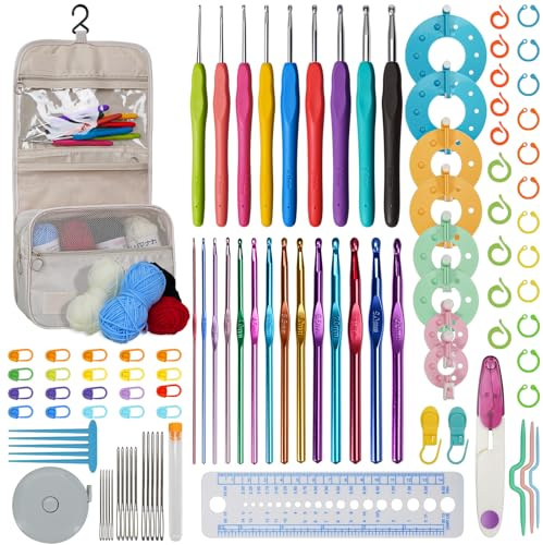 RealPlus 111 Stück Häkelnadel und Wolle Set, Häkelnadel für Anfänger, Häkelnadel Zubehör Maßband, Häkelnadeln, Nadeln, Schere, Marker Clips, U-Haken, Garn, Häkelnadel Set für frauen