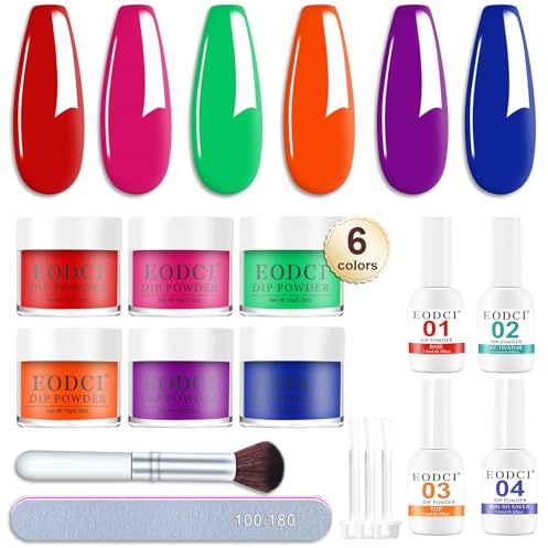 Eodci 6 colores neón, polvo de inmersión, rosa, azul, verde, amarillo, violeta, principiante, con base, capa superior, activador, protector de pinceles, manicura francesa