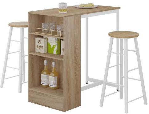 WOLTU Essgruppe, Esszimmergruppe, Stehtisch mit 2 Barhockern, 3-teiliges Bartisch Set, Küchentisch mit 3 Ebenen, Bistrotisch für Küche Esszimmer Bistro Helle Eiche+Weiß