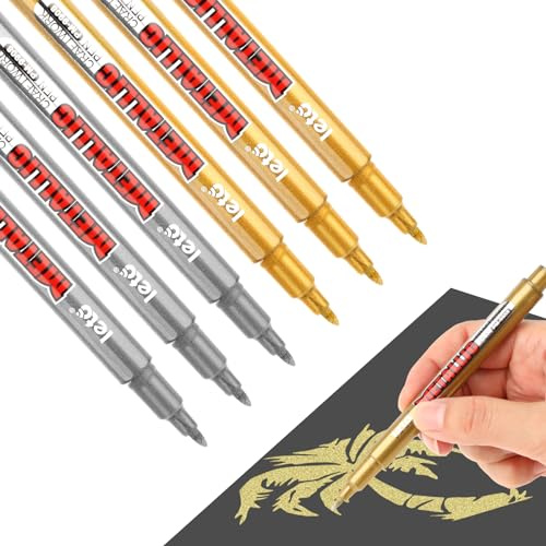 Jeffdad 6 st metalliska markörpennor, guld metallic permanent markörer för papper glas tyg kjol målning present kort tillverkning klippbok album konstnär illustration (guld och silver)