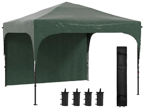 Outsunny Carpa Plegable 3x3 m Cenador de Jardín con Altura Ajustable 1 Pared Lateral Impermeable 4 Bolsas de Arena y Bolsa de Transporte Gazebo para Exterior Patio Fiestas Verde