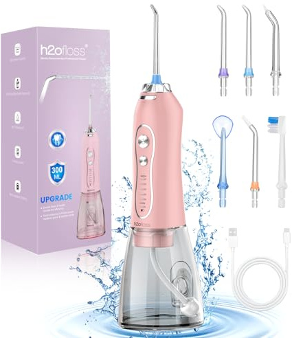 Water Dental Flosser Teeth Cleaner Pick, H2ofloss Cordless Portable Oral Irrigator,5 Mode IPX7 Waterproof Teeth Picks 300ML Rechargeable WaterFlosser for Home Travel (Pink)