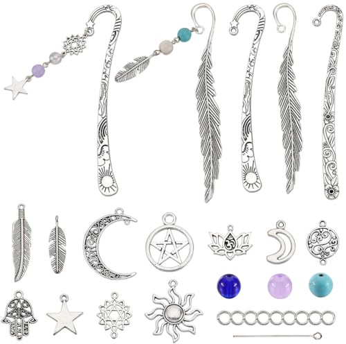 SUNNYCLUE 1 Box DIY 6 Sets Metall Lesezeichen Set Metall Lesezeichen In Großen Mengen Haken Lesezeichen Glücksbringer Sonne Stern Mond Charms Lesezeichen Vintage Legierung Lesezeichen Metall Lesezeich