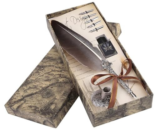 Yctze Vintage-Feder-Dip-Federkiel-Set mit 5 Federn in Schwarzer Tinte,Eleish-Kalligraphie-Briefpapier-Geschenkbox Zum Schreiben,für Künstler d Schriftsteller (BLACK)