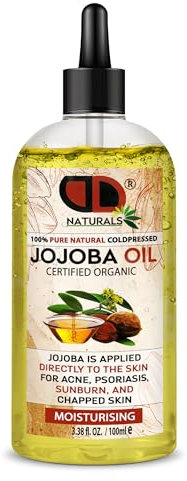 Golden Jojoba Oil Organic Cold Pressed100% Pure for Hair, Nails, Eyelash & Eyebrow Growth Vegan & Cruelty Free for Skin, Face & Body as Carrier, Massage Oil (100ml Clear Dropper)
