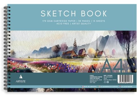 Landscape A4 Sketch Pad 170gsm White Cartridge Paper 30 Pages (15 Sheets) - Wiro Bound Acid-Free Artist Quality - Ideal for Sketching Drawing and Painting