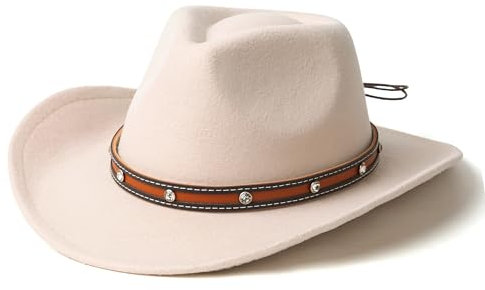 SIPAMEDO Klassischer Westernhut aus Filz, Cowboy-Hut für Damen und Herren, breite Krempe, Gürtelschnalle, Cowboyhut, Brauner Gürtel, Beige, Medium
