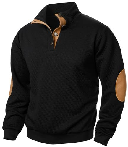 Herrtröja Uk: Tröjor utan huva ståkrage långärmad vintage arbetskläder sweatshirts med armbåge lapp bekväma knapptröjor