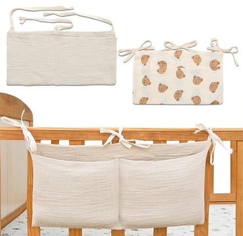 Babybett Organizer, 2 Stück Bett Organizer Kinderbett HäNgender mit 2 Taschen Babybett Aufbewahrungstasche Organizer Beistellbett Baby Kinderzimmer Organizers (Khaki)