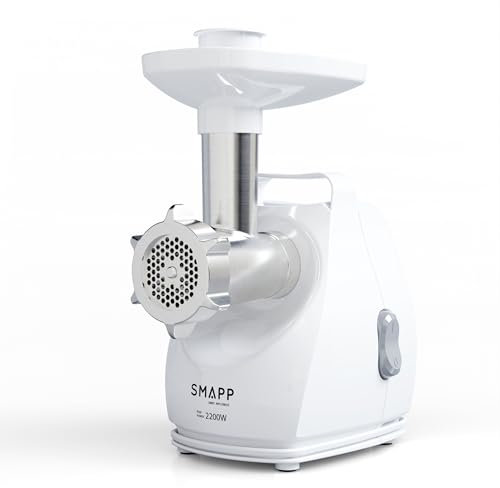 SMAPP 490.8 Fleischwolf Elektrisch – 2200W Leistung, 3 Edelstahl Lochscheiben (2,7mm, 4mm, 8mm), Wurstaufsatz, leise & kompakt, Anti-Rutsch-Füße