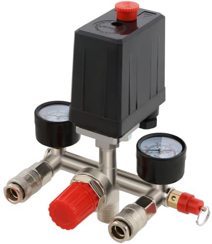 Druckregler mit Manometer, 2 Messanzeigen von 0 bis 12 bar Manometer für 230V Kompressor, Druckluft Kompressor, Abschaltautomatik