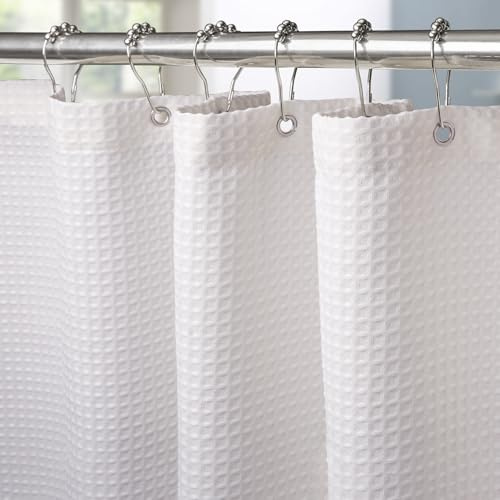 VANZAVANZU Waffel Duschvorhang mit Metall Duschvorhangringe Stoff Textil Badewannenvorhang Anti Schimmel Bad Vorhang Set Wasserdicht Schwerer Badewanne Vorhang - 152 x 182cm (Weiß)