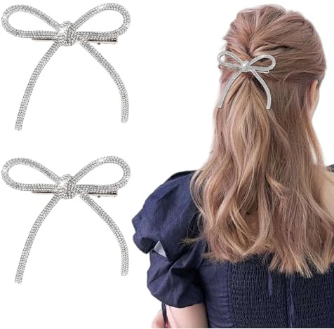 GlamRays 2 Stück Schleife Haarspangen Rhinestone Haaraccessoires Silber Haarschleifen für Frauen Kristall Prom Haardeko Non-Rutsch Juwelierte Knoten Spangen Enten Schnabel Haarbarrettes