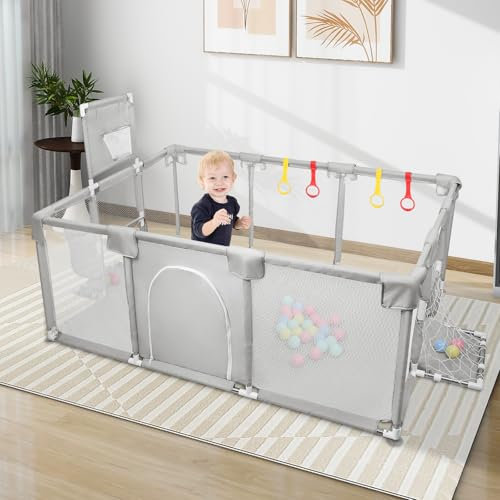 OHMG Babypark, 180 x 120 cm, modulär, stor lekhage för småbarn, 50 marinboll, hopfällbar baby park stor med andningsbart nät och dragkedja (ljusgrå, 180 x 120 x 66 cm)