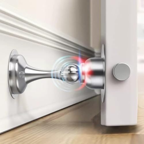 Premium Magnetic Door Stop - Heavy Duty Floor Mounted Doors Stoppers for Walls & Floors - Strong Magnetic Catch, Adhesive Fitting, Rubber Stops, Wall Protector, Chrome Door-Stops