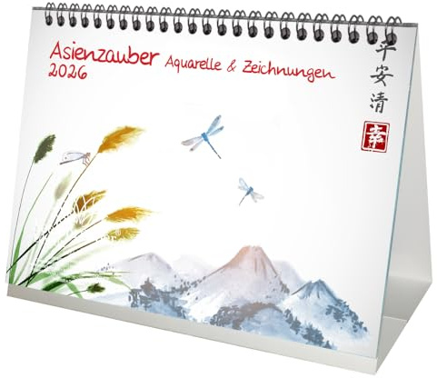 Japansk akvarell DIN A5 bordskalender för 2026 Japan stad och land – sjömagi