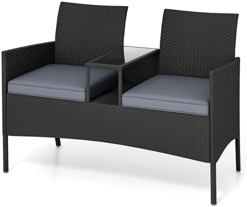 LIFEZEAL Banco de Jardín de Ratán con Mesa, Sillón para 2 Personas, Banco Doble con Mesa de Cristal, para Balcón, Terraza (Gris)