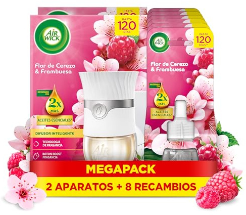Air Wick Eléctrico Aparato y recambio de ambientador automático eléctrico, con aroma a Flor de Cerezo & Frambuesa - 2 Aparatos + 8 Recambios