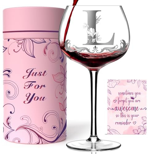 Cadeau personnalisé avec monogramme pour femme – Verre à vin personnalisé avec initiale de A à Z, cadeau d'anniversaire de Noël unique pour elle, maman, épouse, sœur, fille, amie (lettre L)