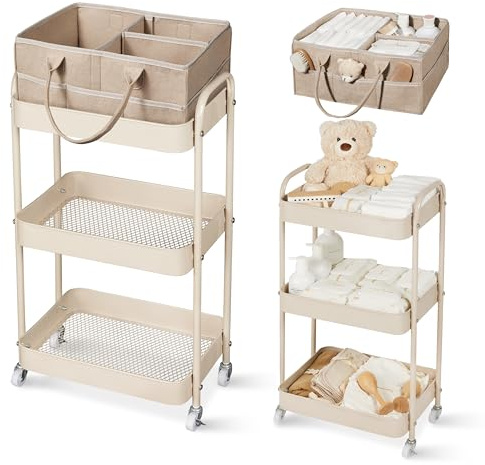 Fortella Nappy Caddy Organizer, 3-Tier Storage Trolley on Wheels, Bedroom Storage Baby Essentials for Newborn Nursery Changing Table, Easy Assembly, Portable Nappy Bag, Bathroom Kitchen Trolley(Brown)